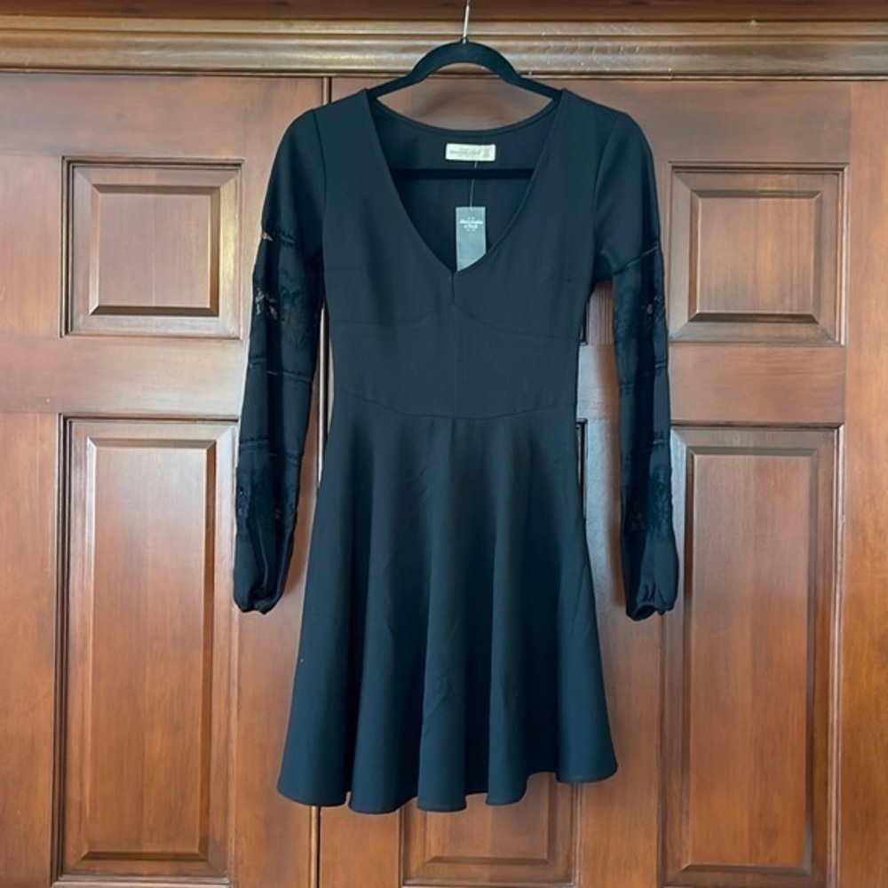 Abercrombie and Fitch, black skater dress with lace sleeves size extra small